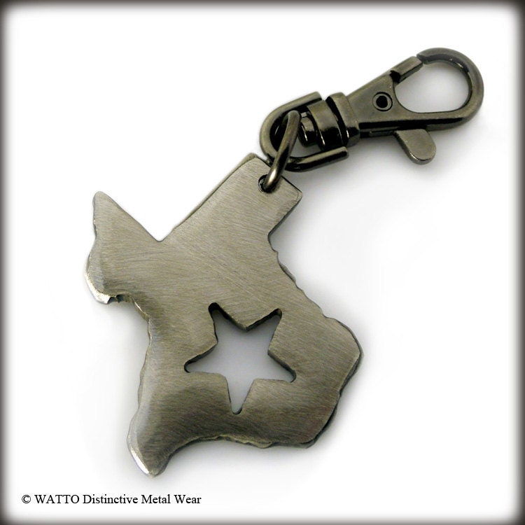 Texas Keychain by WATTO Distinctive Metal Wear- Handmade Silver Colored metal charm on Gunmetal Keychain / Keybob