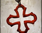 Red Metal Gothic Cross Pendant with Gunmetal chain by WATTO Distinctive Metal Wear