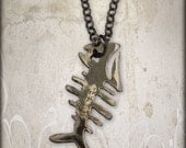 Fishbone Metal Medallion on Gunmetal Chain by WATTO Distinctive Metal Wear /Distressed Silver Color