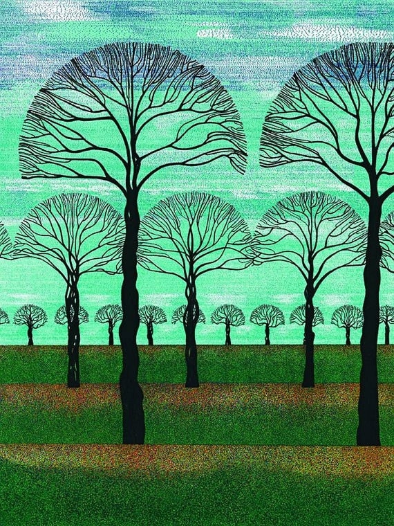 Art Print, 10 X 7 Pen and Ink Lithograph, Pointillism, Blue Sky Fall
