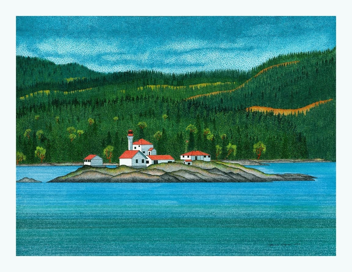 Art Print, 11 X 15 Pen and Ink Lithograph, Pointillism, Entrance Island Lighthouse