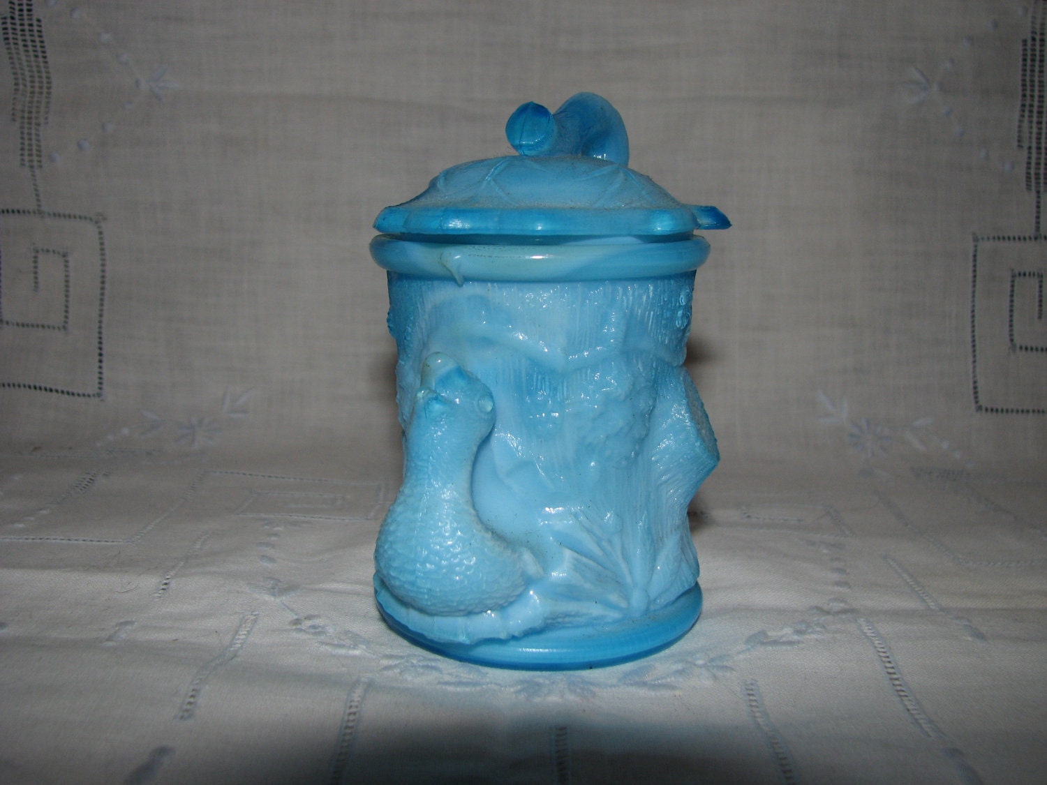 20% OFF Sale Turquoise Bird Glass Mustard Jar Twig Lid early 20th c