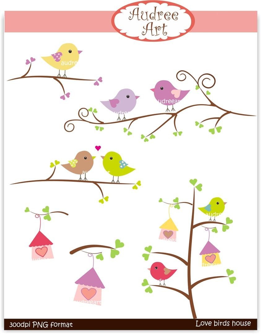 Clip art. Valentine , Love Birds on the branch 2, Download and print PNG File ,  instant download clip art