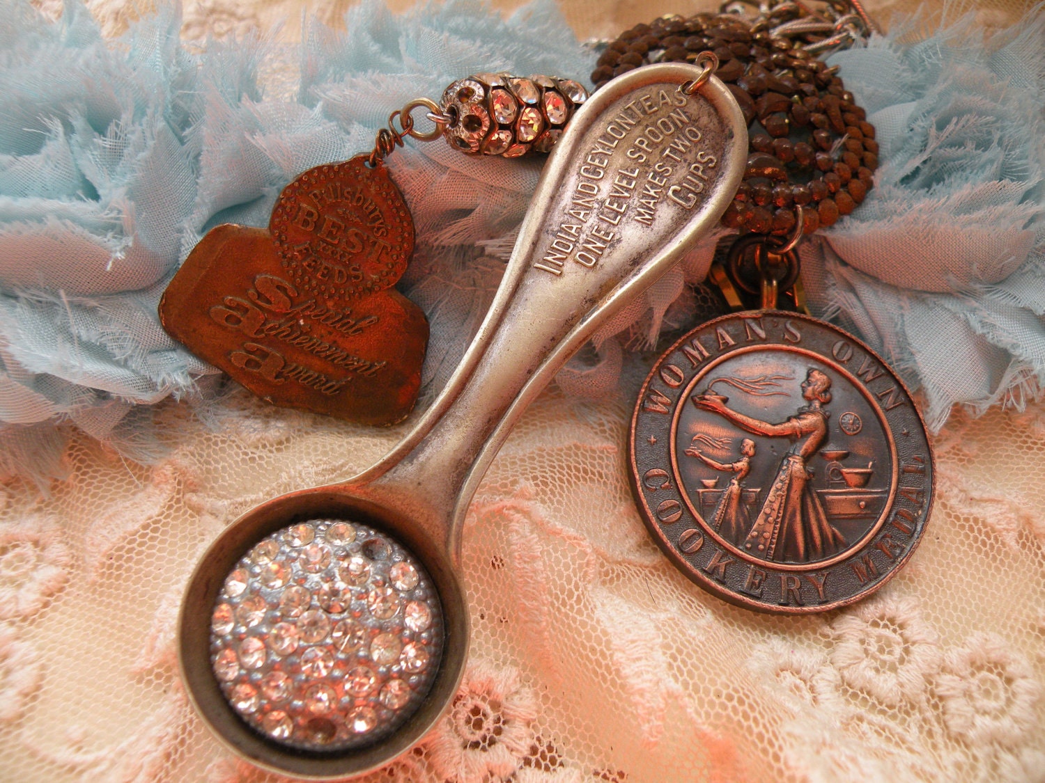 KISS the COOK assemblage necklace shabby vintage kitchen baubles unique cook gift random found object