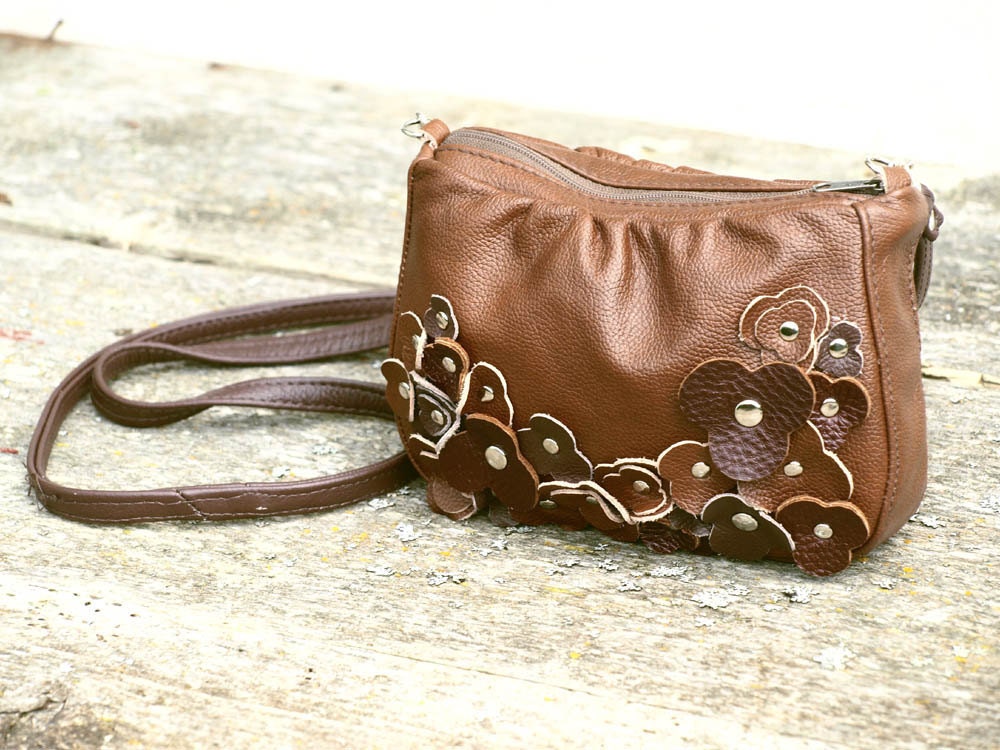 Brown Leather Bag Cross Body Purse Messenger Tiny Rustic Bag Studded Chocolate