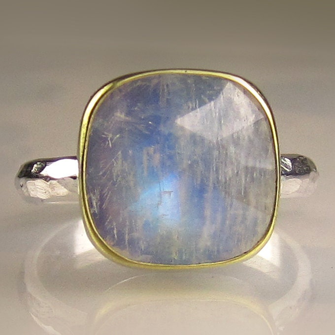 Rose Cut Rainbow Moonstone Ring - 18k Gold and Sterling