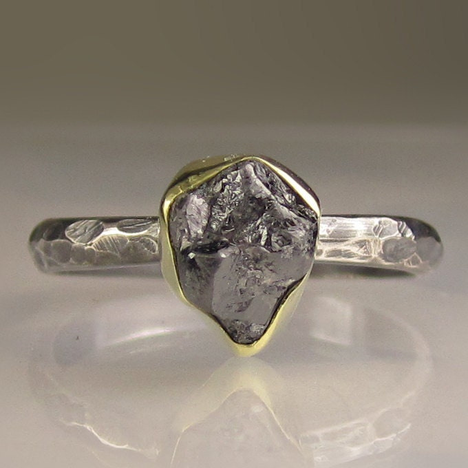 Natural Rough Black Diamond Engagement Ring - 18k Gold and Sterling