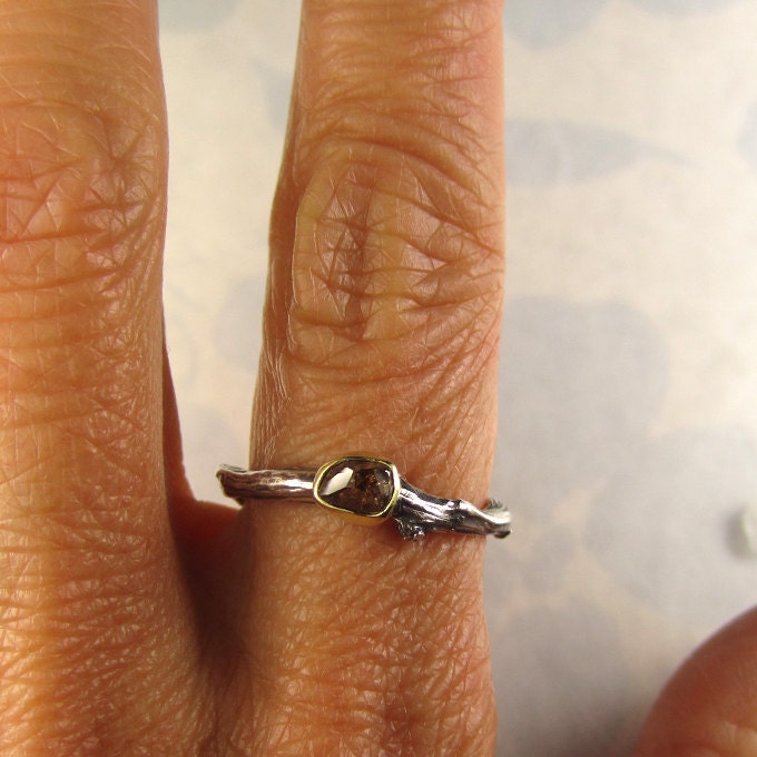 Rose Cut Cognac Diamond Twig Ring - 18k Gold and Sterling