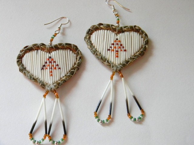 Heart-shaped quill and bead earrings, "Pine Tree"