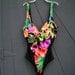 Vintage Swimsuit, Woman Sz 16, Slimsuit Brand, Black w Tropical Floral, One Piece, Underwire, Figure Flattering Heart