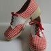 1970s Red Gingham Check and Leather Platform Shoes. Size 8 1/2 B