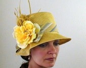 SALE - Madeleine - Eco Friendly Wheat Yellow Straw Hat with Wavy Brim, Flower, and Feathers - B131