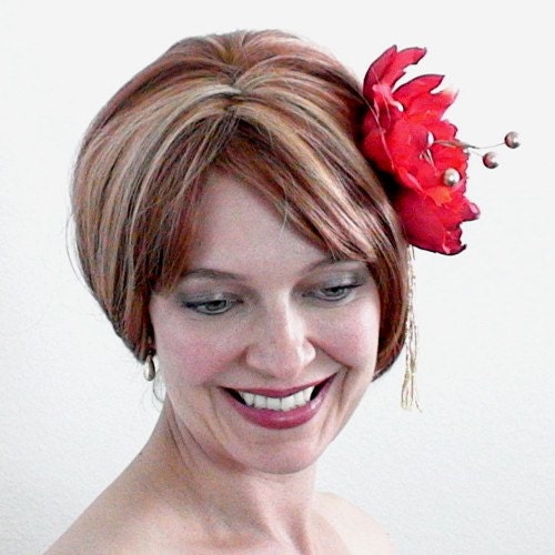 SALE - Eco Friendly Crimson and Gold Hair Flower - Bridal, Special Occasion, Holiday - OOAK