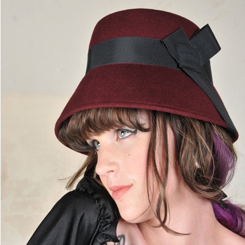 Eco Friendly Burgundy Wool Felt Hat with Black Ribbon - B126 - OOAK