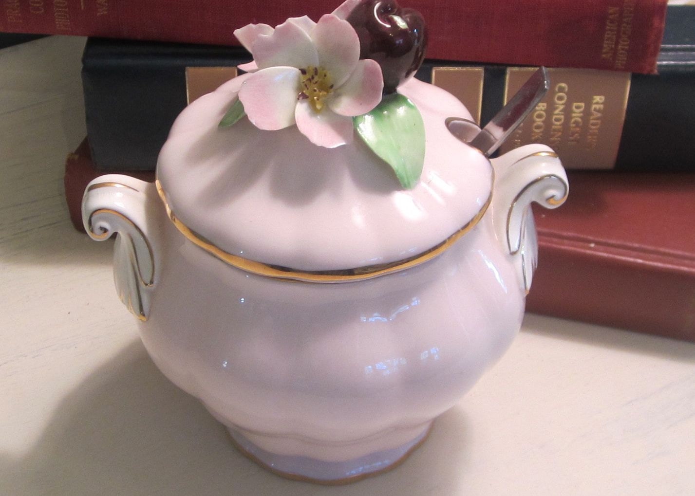Vintage Fancy Marmalade Container with Fruited Lid and Spoon