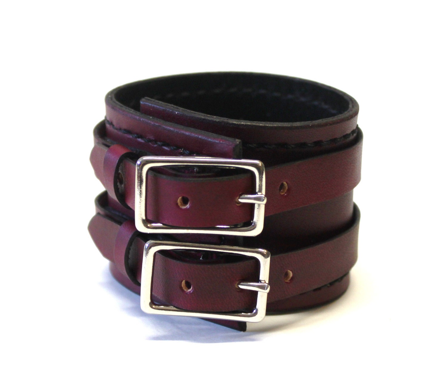 Burgundy Leather Cuff Bracelet Adjustable with Buckles Mens Womens