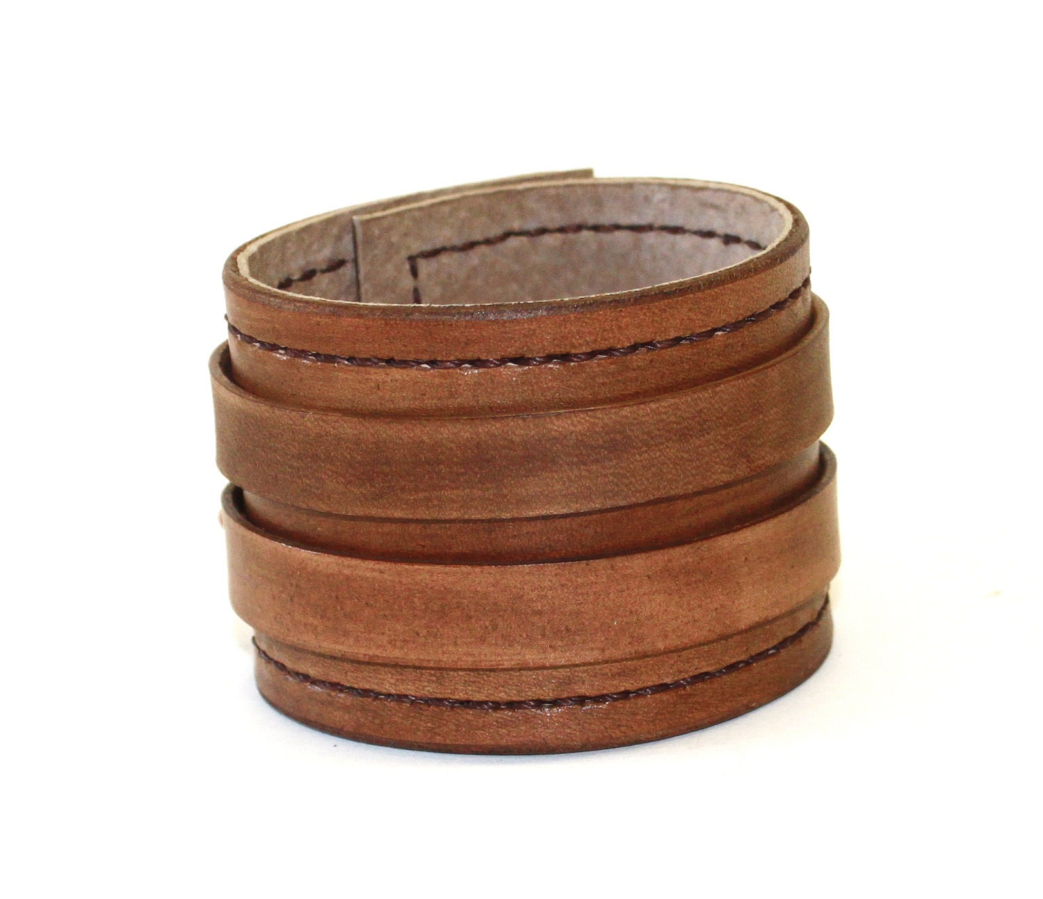 Rugged Brown Leather Cuff Bracelet Adjustable with Buckles Mens Womens