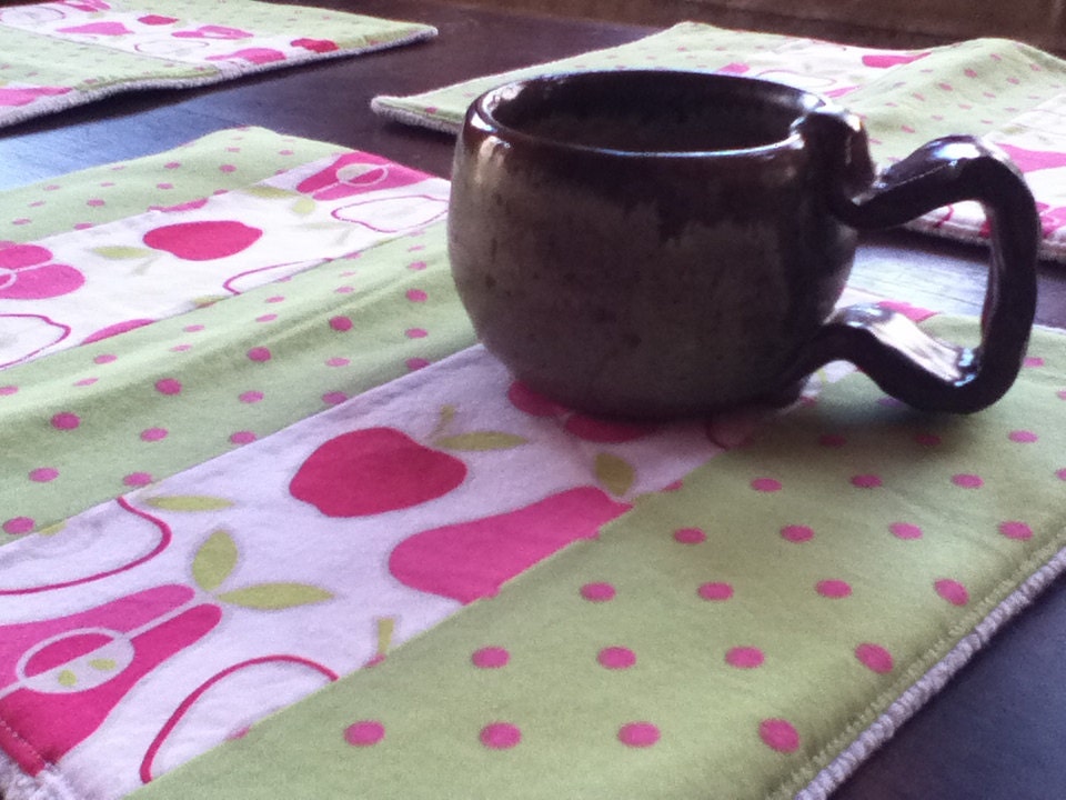 SALE - Apple Dot Placemats - Set of Four Pink and Green and White Placemats