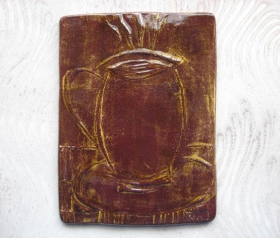 Handmade Ceramic Coffee Cup Trivet Tile in Brown and Gold