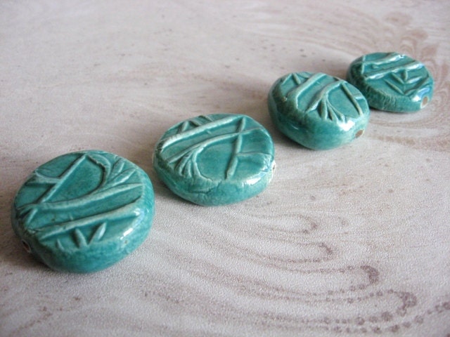 Set of Four Handmade Ceramic Beads Large Coin Shape in Aztec Jade Green