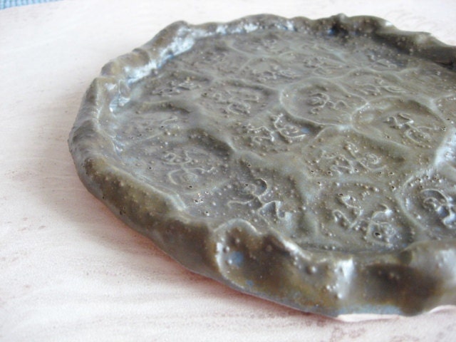 Handmade Ceramic Trivet Olive Green with Stamped Texture