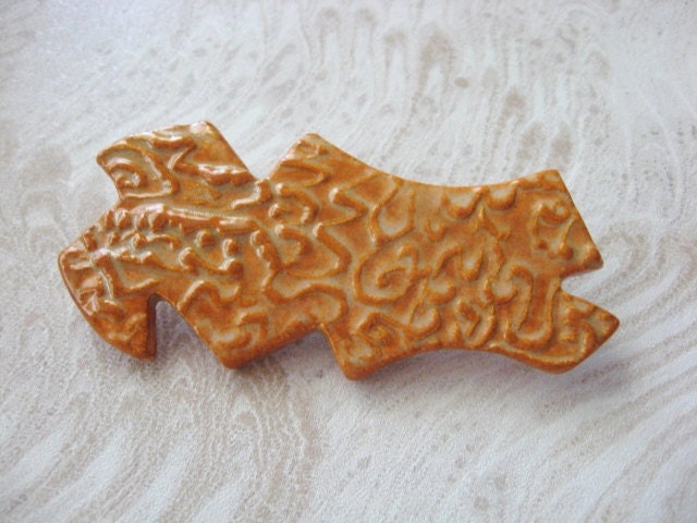 Handmade Ceramic Brooch with Hand-carved Texture in Golden Amber