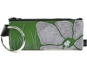 Wristlet Embroidered Grass Green w Grey Flower Applique Eco Friendly, Sprig