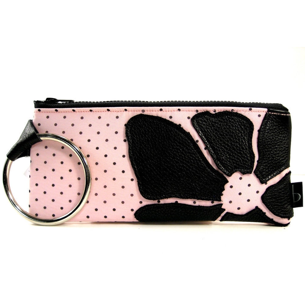 Metal Bangle Wristlet Pastel Pink w Black Polka Dots and Black Leather Flower Applique