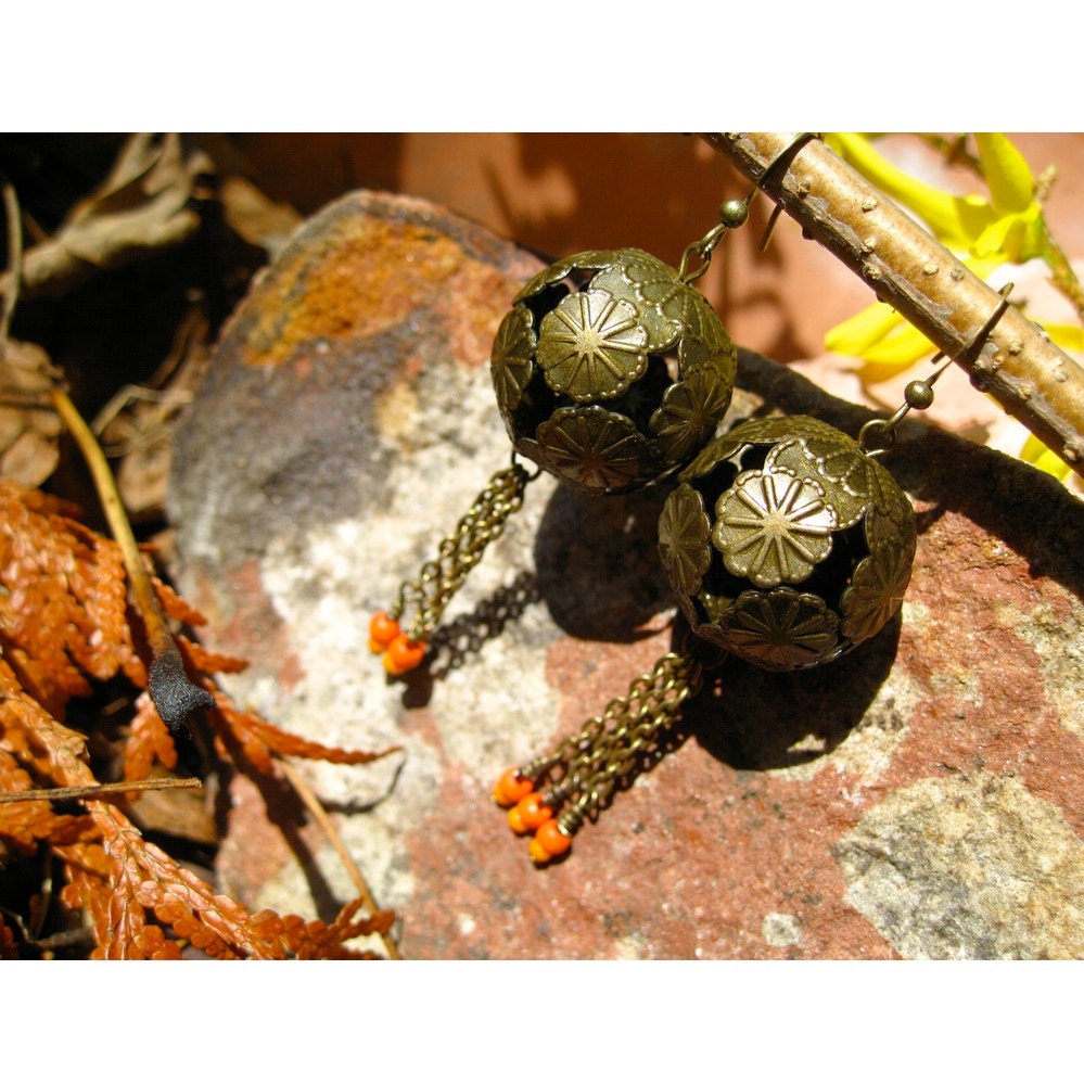 Earring Tangerine Vibrant Pop of Color w Antique Brass Flower Ball
