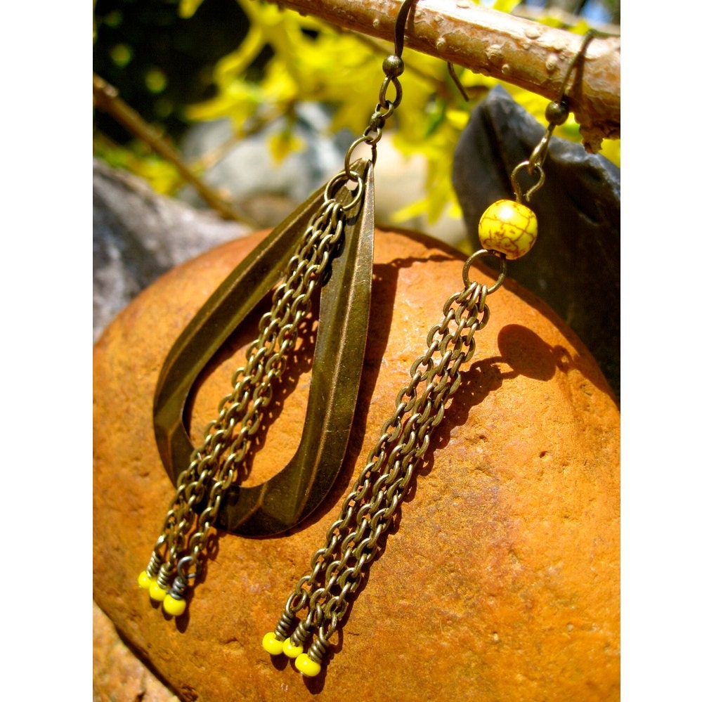 Asymmetrical Brass Tear Drop Earring w Yellow Turquoise Bead & Brass Chain