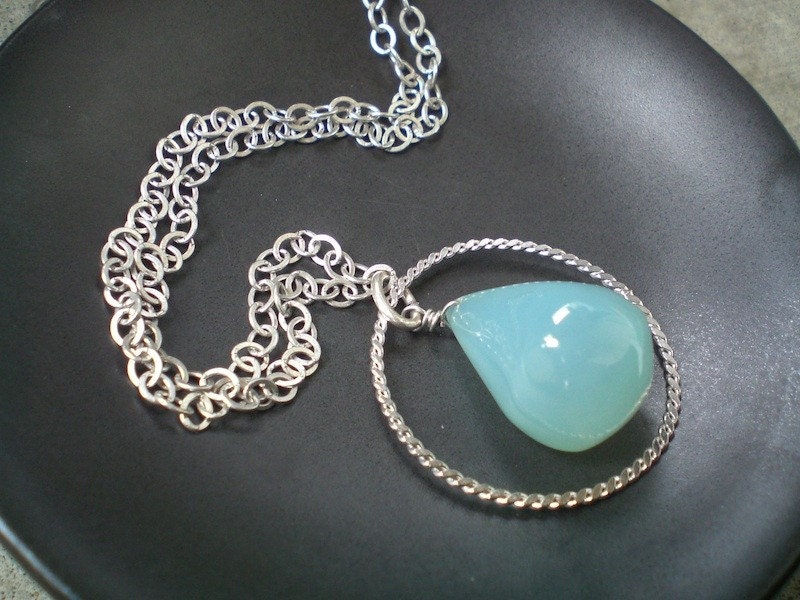 Holiday Sale Aqua Blue Chalcedony Teardrop Long Necklace Sterling Silver Circle Cage and Chain
