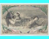 s12 Altered Art 2 Mermaids Postcard Cotton Fabric Quilt 5x7