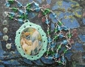Handmade Vintage Postcard Victorian Mermaids Long Necklace Pendant Fire Polished Czech Beads chain