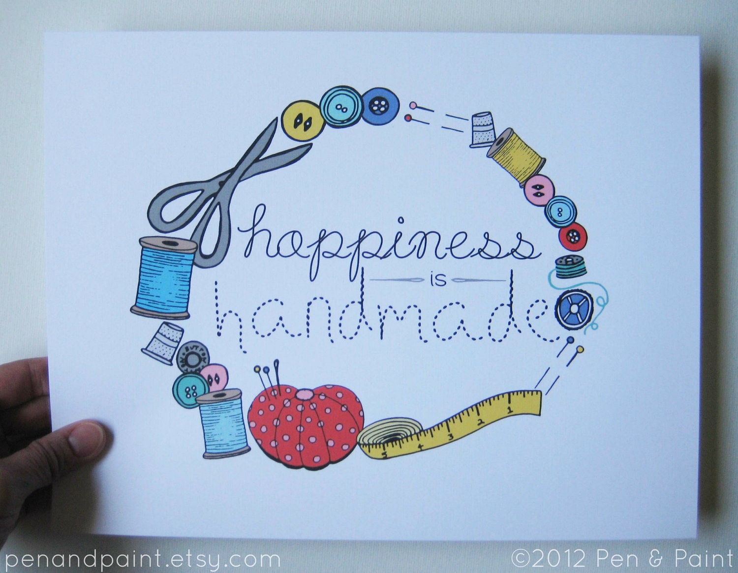 Yellow, Blue, Pink, Red 8 x 10 Art Print, Happiness is Handmade, I love sewing