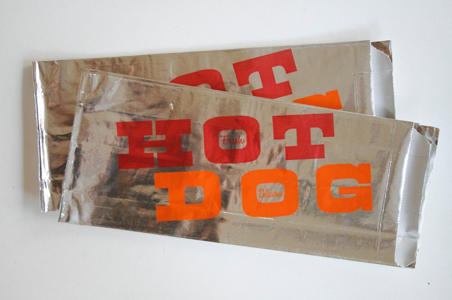 Priority Mail - Vintage Style Foil Paper Lined Hot Dog Bags - Fresh and Delicious - Gusseted 3.5 x 1.5 x 8.5 Inches - set of 50