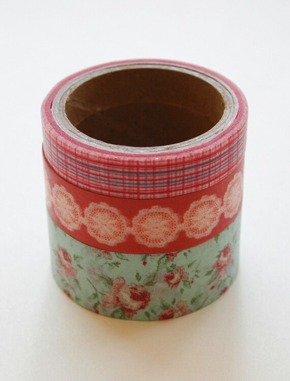 Washi Tape Set - 15mm - Combination CB - Vintage Style Floral and Plaid - Three Rolls Washi Tape