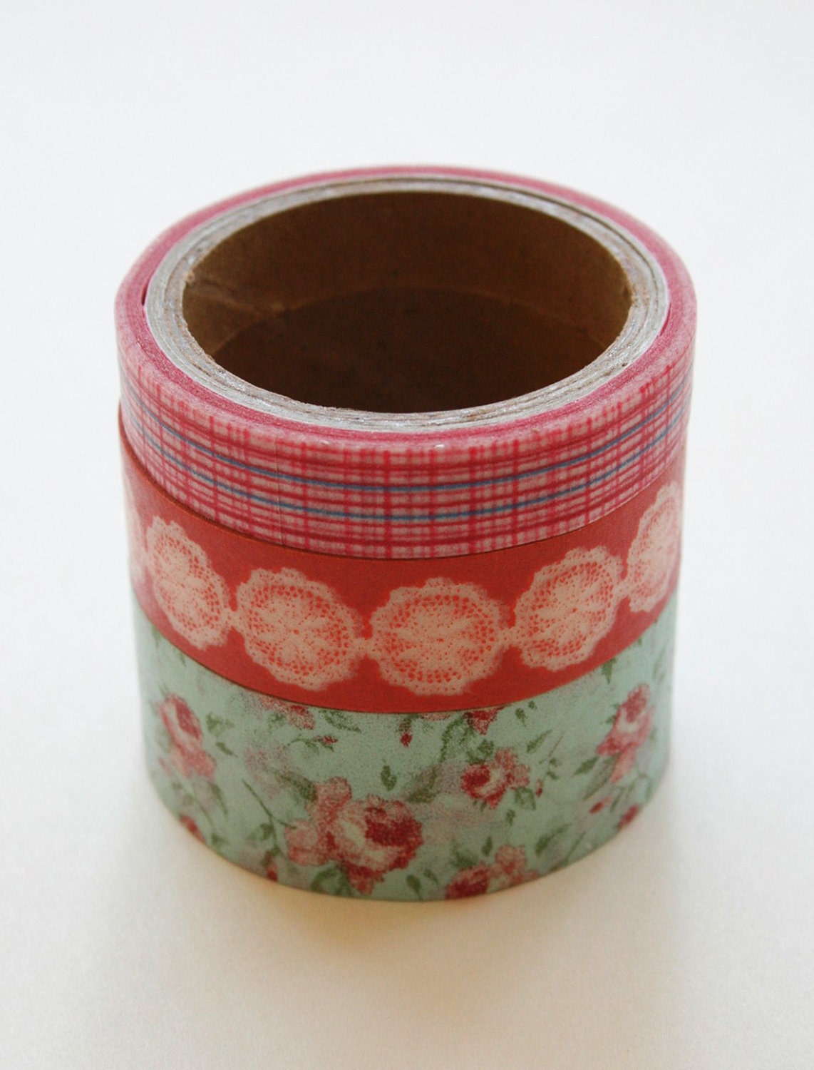 Washi Tape Set - 15mm - Combination CB - Vintage Style Floral and Plaid - Three Rolls Washi Tape