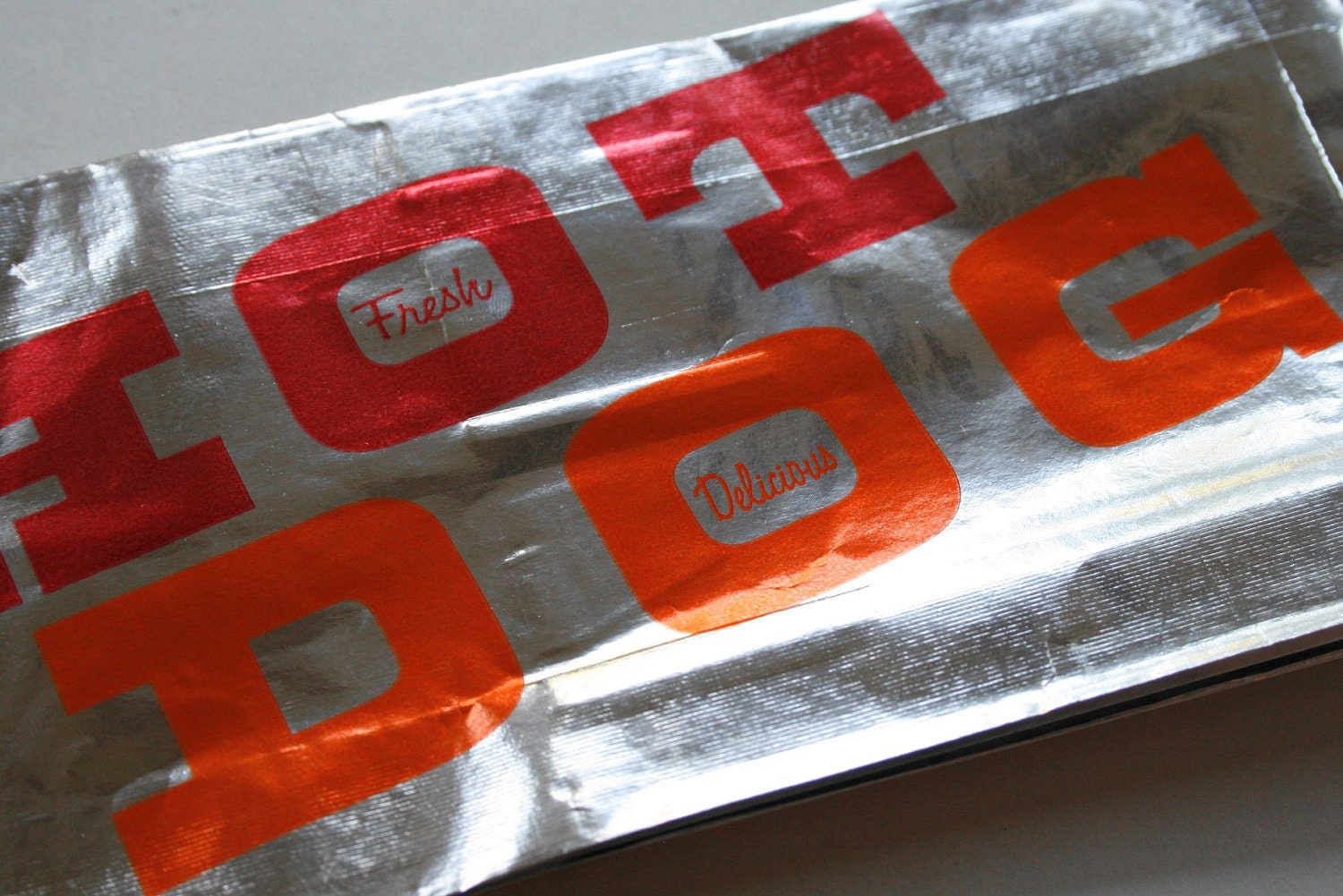 Priority Mail - Vintage Style Foil Paper Lined Hot Dog Bags - Fresh and Delicious - Gusseted 3.5 x 1.5 x 8.5 Inches - set of 50