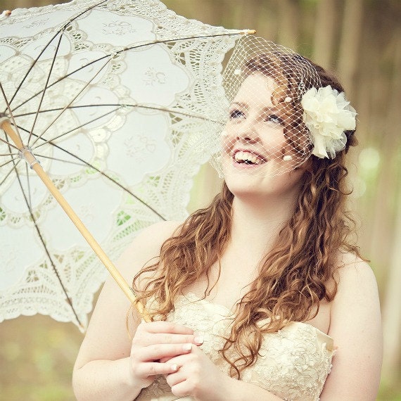 Ivory Spotted blusher Veil with Silk Dandelion Fascinator- Style 46 - ThereOnceWasAGirl