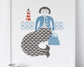Mermaid screenprint in blue and grey