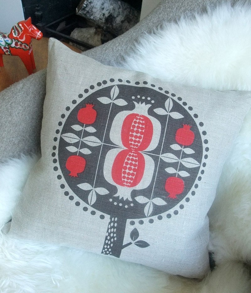 Pomegranate tree cushion in red on natural linen