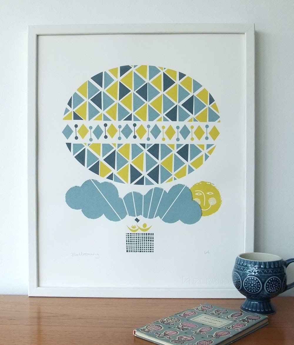 Ballooning screenprint in navy, smokey blue and yellow