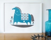 Rocking horse screenprint in teal and charcoal