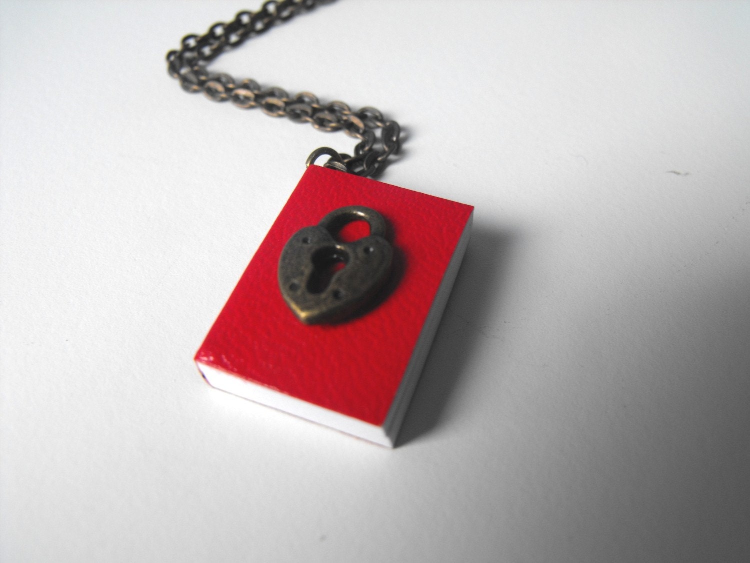 Book Necklace with Brass Lock Charm and Chain