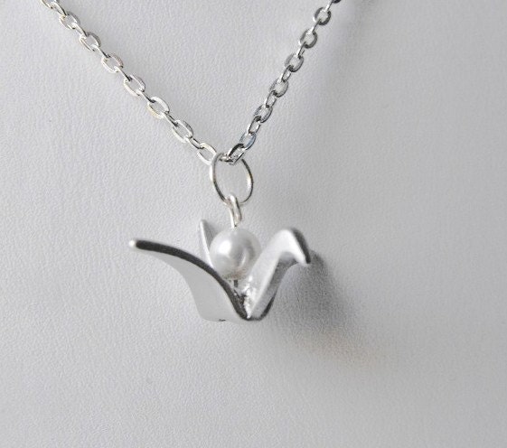 Pearl Paper Crane Charm Necklace with Silver Chain
