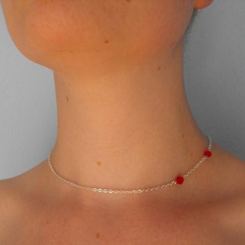 Vampire Bite Necklace Silver Chain with Red Crystals