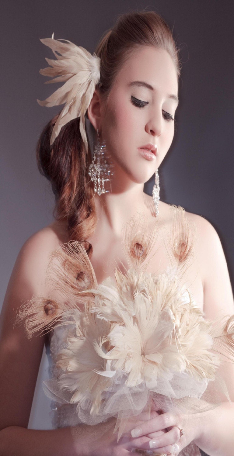 peacock feather bridal bouquet-  "cream dream"
