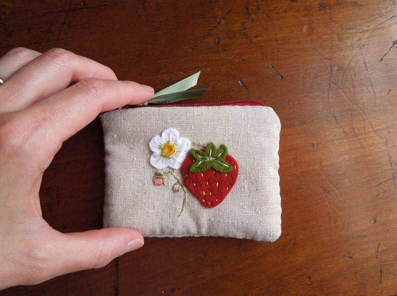 Summer Strawberry Hand Embroidered Zipper Pouch