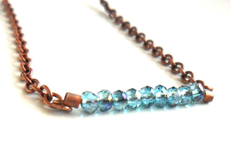 Delicate bar necklace Tiny blue faceted crystal  bar , Copper chain  jewelry for everyday, boho, minimalist