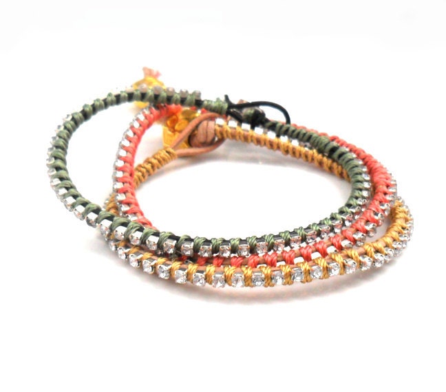 Crystal  Bracelet handwoven in silk   Natural leather Bracelets stacks Spring Fashion 2013